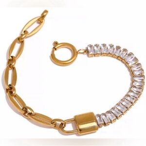 Gold Plated Waterproof Lock Chain Bling Cubic Zirconia Bracelet Sparkly New